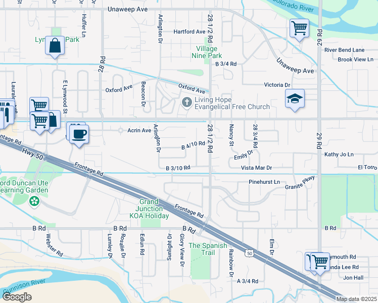 map of restaurants, bars, coffee shops, grocery stores, and more near 2843 Maverick Drive in Grand Junction