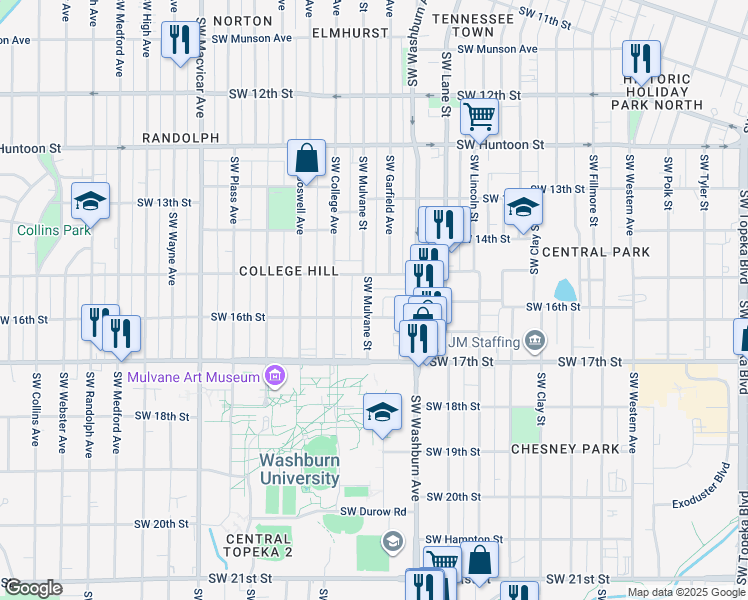 map of restaurants, bars, coffee shops, grocery stores, and more near 1522 Southwest Mulvane Street in Topeka