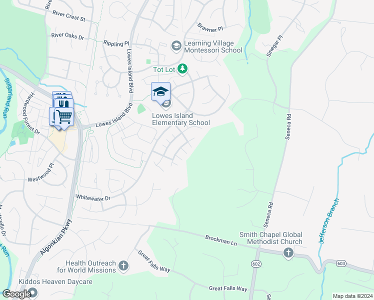 map of restaurants, bars, coffee shops, grocery stores, and more near 20852 Waterbeach Place in Sterling