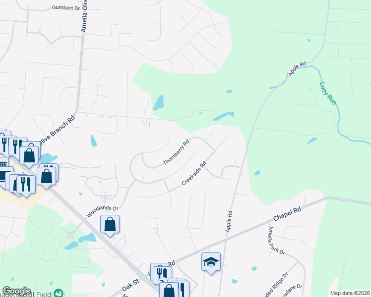 map of restaurants, bars, coffee shops, grocery stores, and more near 1539 Thornberry Road in Amelia