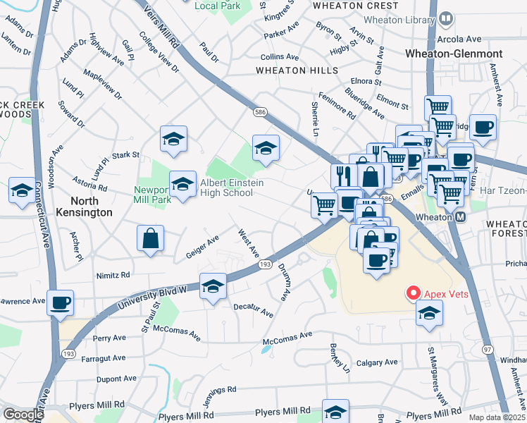 map of restaurants, bars, coffee shops, grocery stores, and more near 11211 Valley View Avenue in Kensington