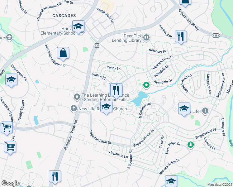 map of restaurants, bars, coffee shops, grocery stores, and more near 209 Willow Terrace in Sterling