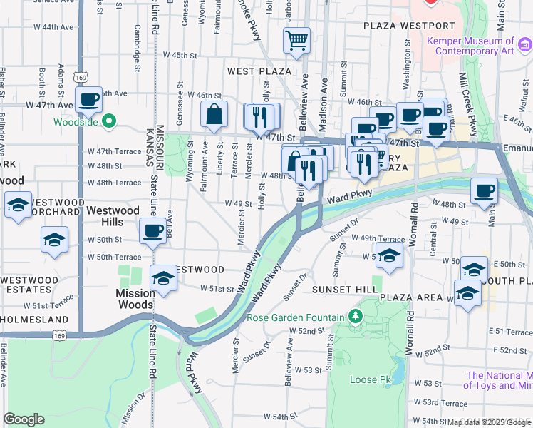 map of restaurants, bars, coffee shops, grocery stores, and more near 4907 Holly Street in Kansas City