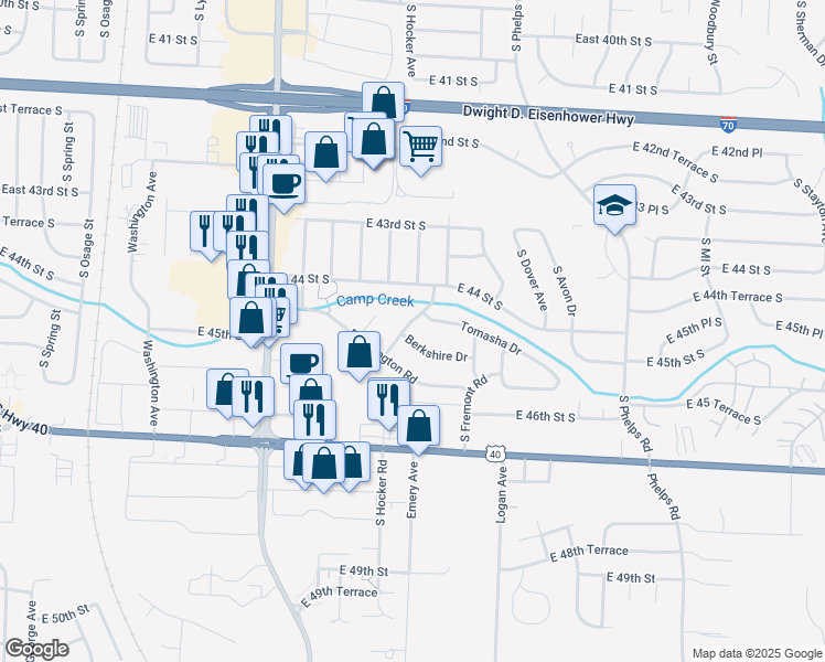 map of restaurants, bars, coffee shops, grocery stores, and more near 14408 Berkshire Drive in Independence