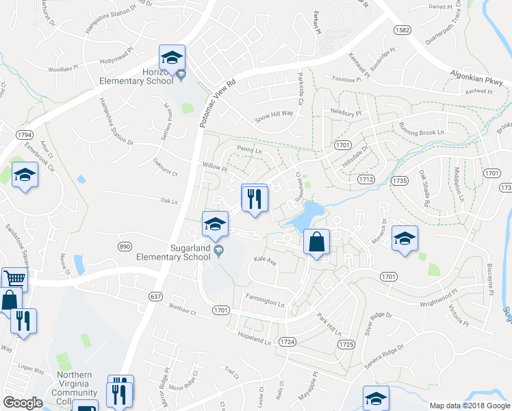 map of restaurants, bars, coffee shops, grocery stores, and more near 209 Willow Terrace in Sterling