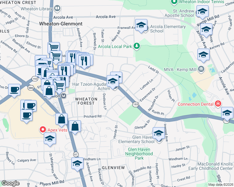 map of restaurants, bars, coffee shops, grocery stores, and more near 11120 Norlee Drive in Silver Spring