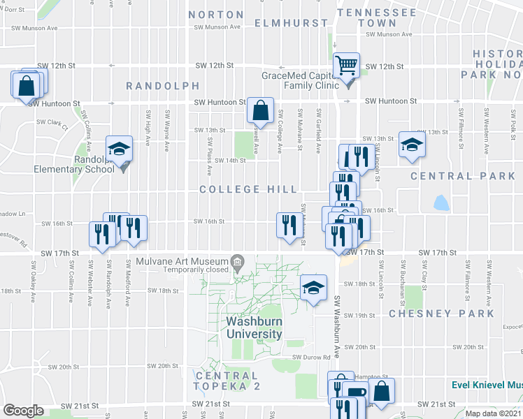 map of restaurants, bars, coffee shops, grocery stores, and more near 1524 Southwest Boswell Avenue in Topeka