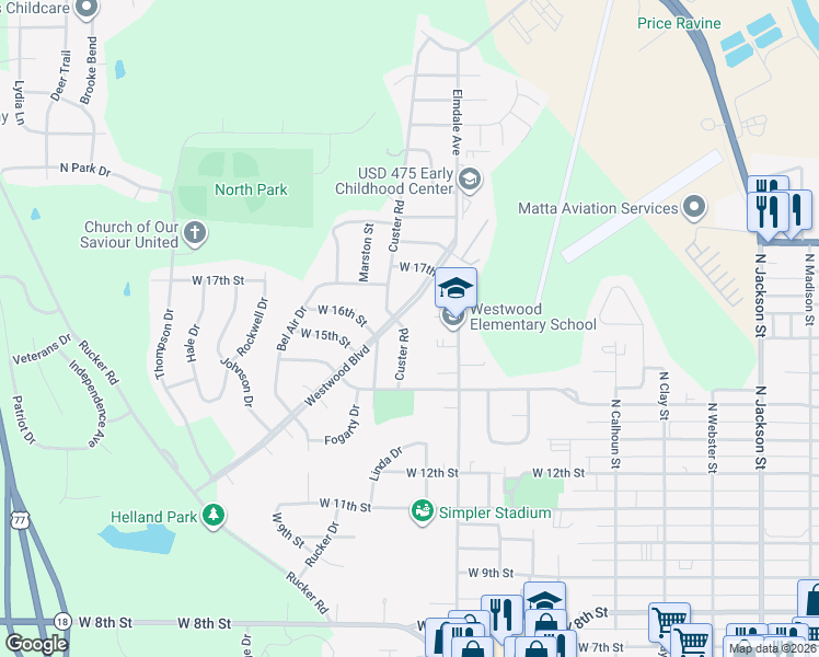 map of restaurants, bars, coffee shops, grocery stores, and more near 1521 Custer Road in Junction City