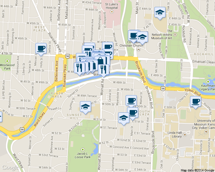 map of restaurants, bars, coffee shops, grocery stores, and more near 310 West 49 Street in Kansas City