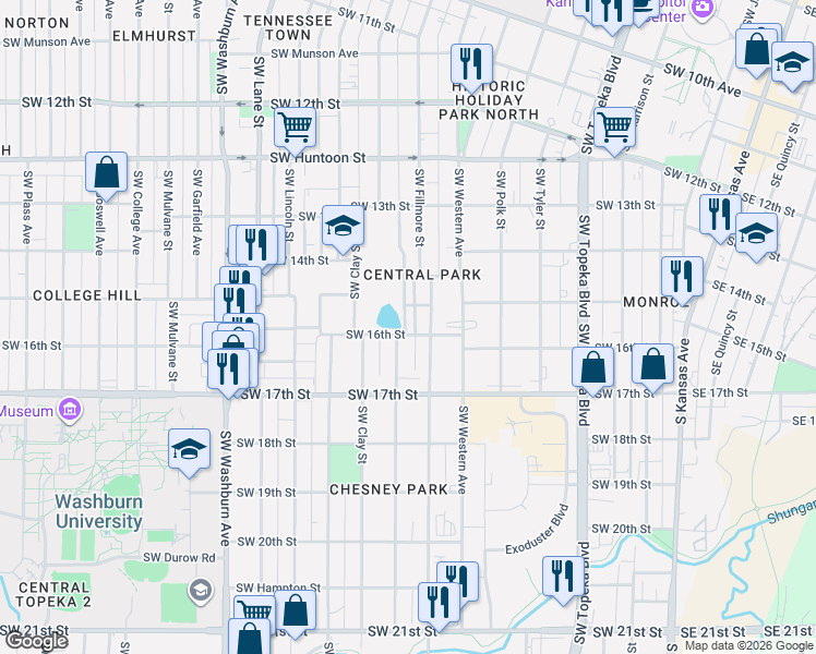 map of restaurants, bars, coffee shops, grocery stores, and more near 1530 Southwest Central Park Avenue in Topeka