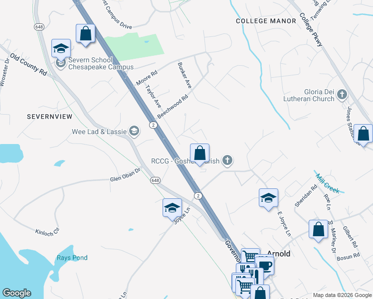 map of restaurants, bars, coffee shops, grocery stores, and more near 1261 Dogwood Road in Arnold