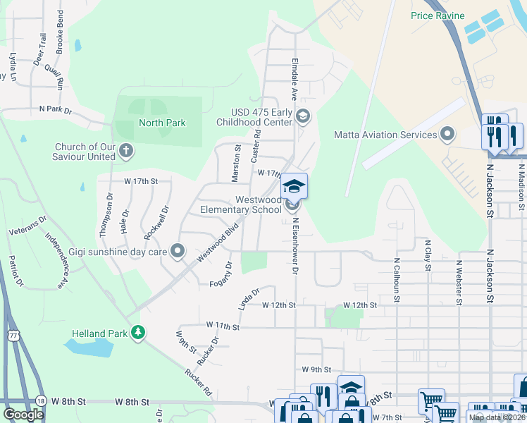 map of restaurants, bars, coffee shops, grocery stores, and more near 1521 Custer Road in Junction City
