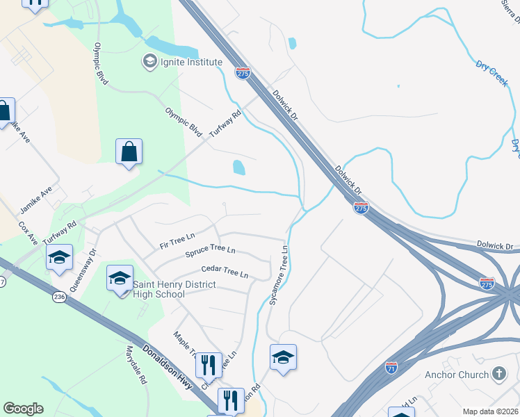 map of restaurants, bars, coffee shops, grocery stores, and more near 3330 Fir Tree Lane in Erlanger