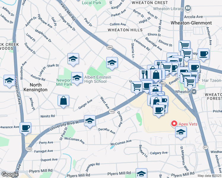 map of restaurants, bars, coffee shops, grocery stores, and more near 11211 Valley View Avenue in Kensington