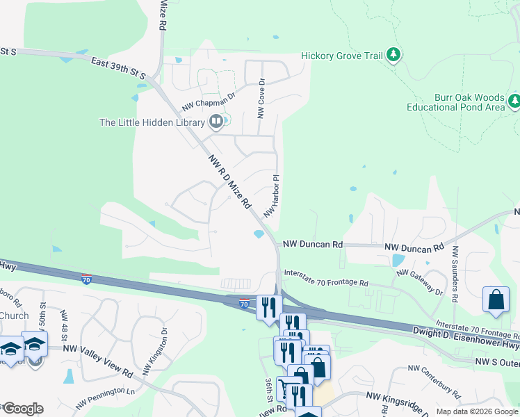 map of restaurants, bars, coffee shops, grocery stores, and more near 1907 Northwest Harbor Court in Blue Springs