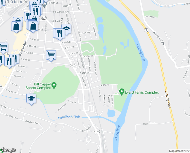 map of restaurants, bars, coffee shops, grocery stores, and more near 4411 Michigan Avenue in Covington