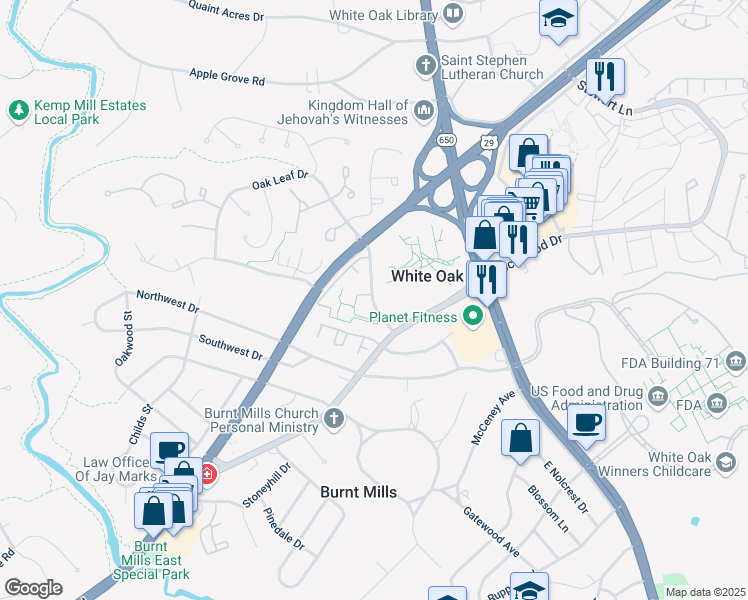 map of restaurants, bars, coffee shops, grocery stores, and more near 1121 Oak Leaf Dr in Silver Spring