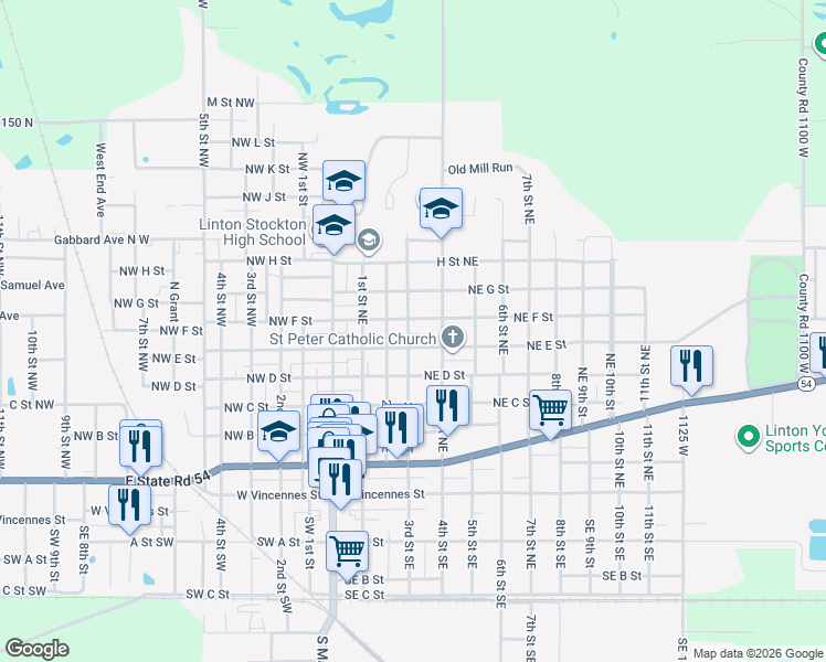 map of restaurants, bars, coffee shops, grocery stores, and more near 501-599 3rd Street Northeast in Linton