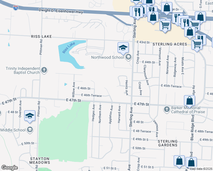 map of restaurants, bars, coffee shops, grocery stores, and more near 4611 Appleton Avenue in Kansas City