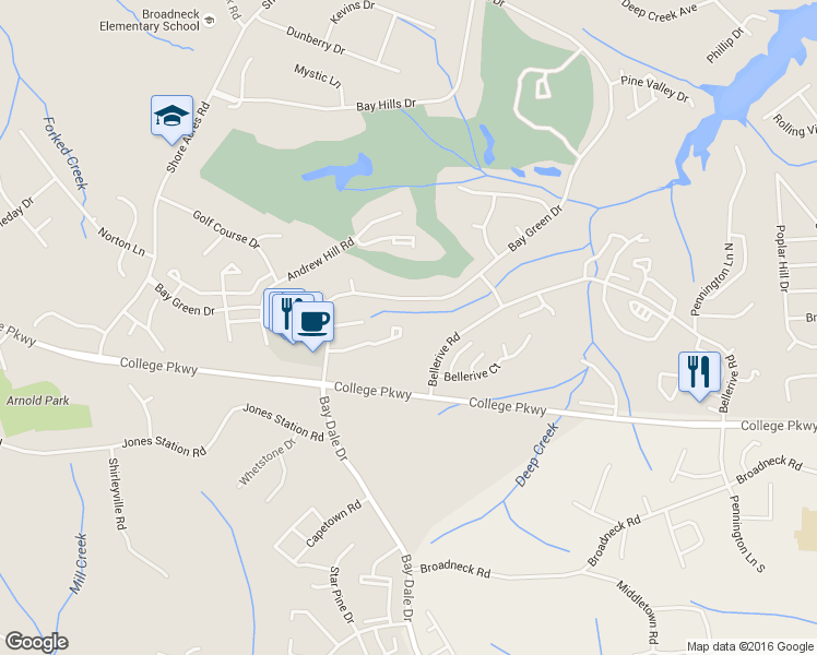 map of restaurants, bars, coffee shops, grocery stores, and more near 575 Bay Dale Court in Arnold