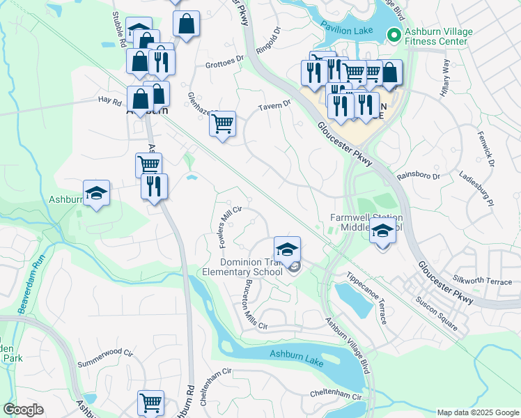 map of restaurants, bars, coffee shops, grocery stores, and more near 20893 Fowlers Mill Circle in Ashburn