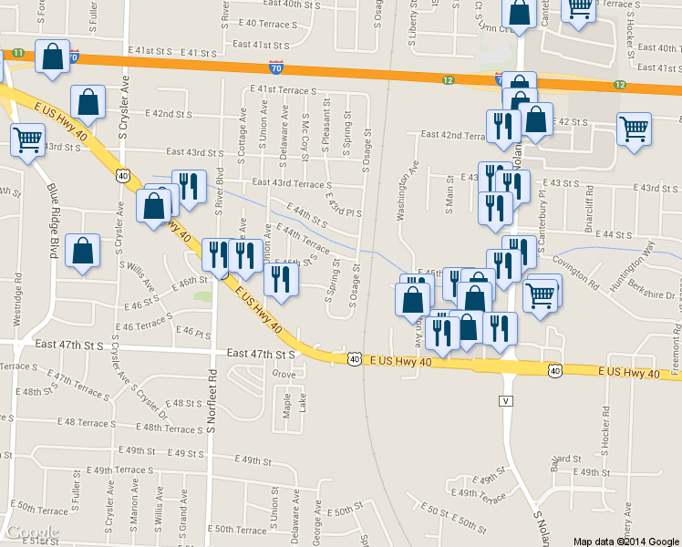 map of restaurants, bars, coffee shops, grocery stores, and more near 4507 S Spring St in Independence