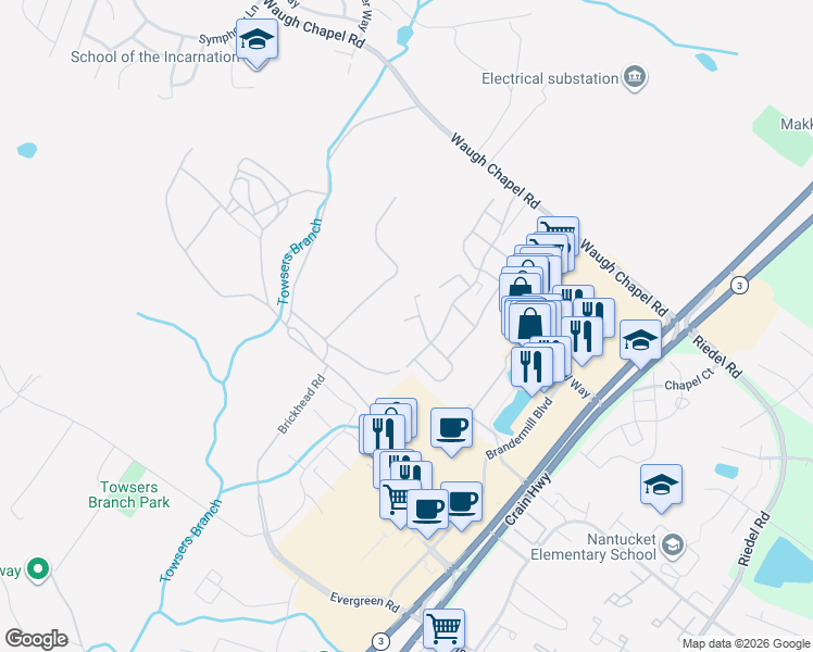 map of restaurants, bars, coffee shops, grocery stores, and more near 2907 Bluebells Court in Gambrills
