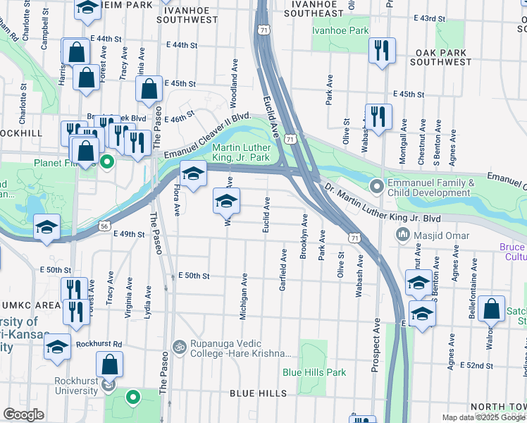 map of restaurants, bars, coffee shops, grocery stores, and more near 1847 East 48th Street in Kansas City