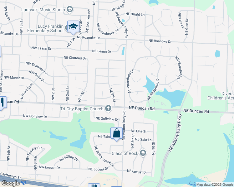 map of restaurants, bars, coffee shops, grocery stores, and more near 504 Northeast Grant Drive in Blue Springs