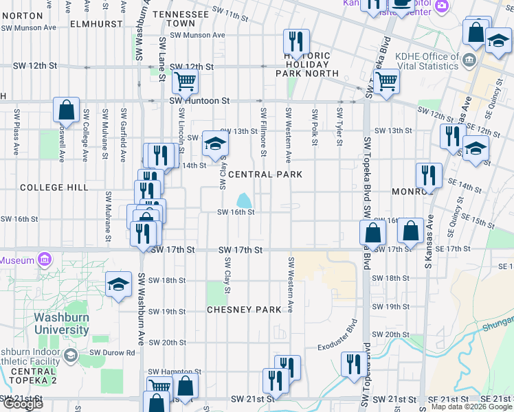 map of restaurants, bars, coffee shops, grocery stores, and more near 1530 Southwest Central Park Avenue in Topeka