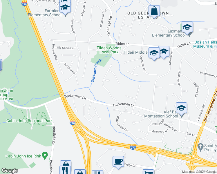 map of restaurants, bars, coffee shops, grocery stores, and more near 11115 Whisperwood Lane in Rockville