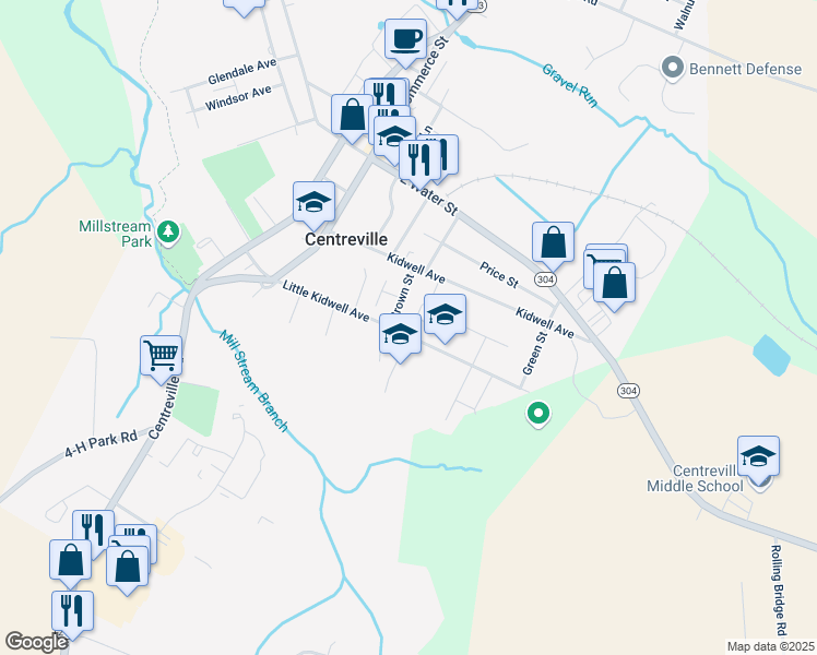 map of restaurants, bars, coffee shops, grocery stores, and more near 112 Brown Street in Centreville