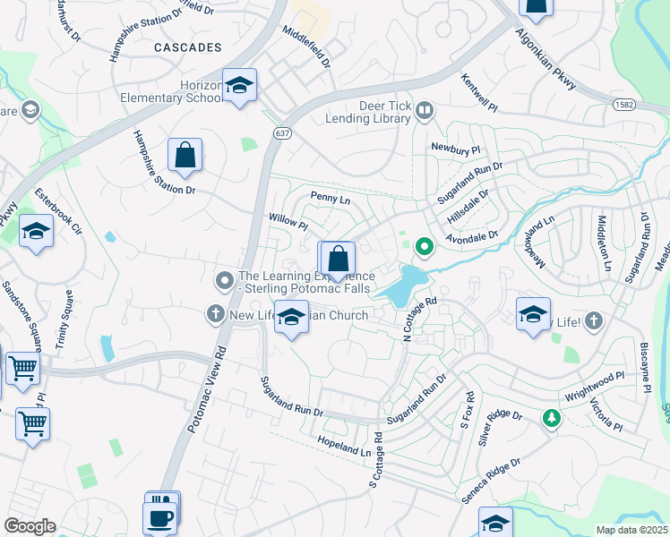 map of restaurants, bars, coffee shops, grocery stores, and more near 205 Willow Terrace in Sterling