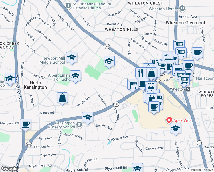 map of restaurants, bars, coffee shops, grocery stores, and more near 11213 Valley View Avenue in Kensington