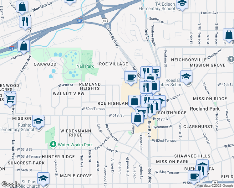 map of restaurants, bars, coffee shops, grocery stores, and more near 4924 Briar Street in Roeland Park