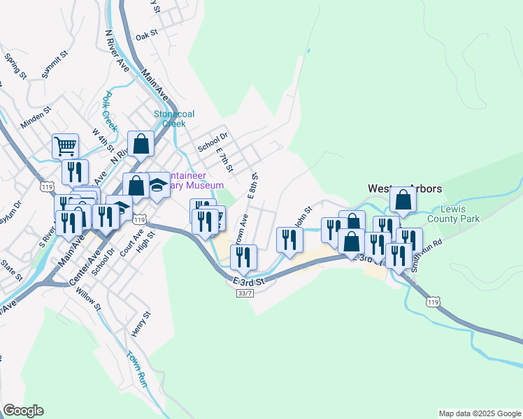 map of restaurants, bars, coffee shops, grocery stores, and more near 205 Loftus St in Weston