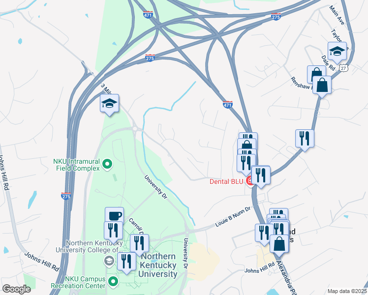 map of restaurants, bars, coffee shops, grocery stores, and more near 1400 Highland Ridge Boulevard in Highland Heights