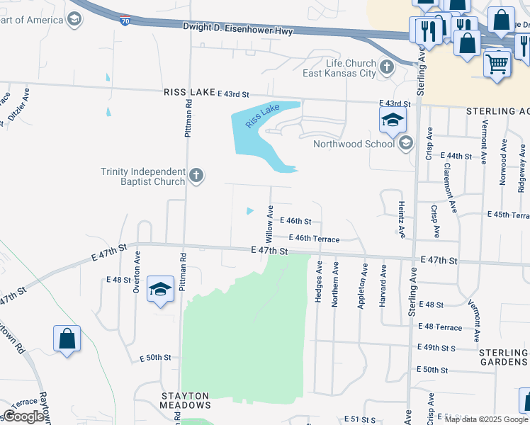 map of restaurants, bars, coffee shops, grocery stores, and more near 10500 East 46th Street in Kansas City