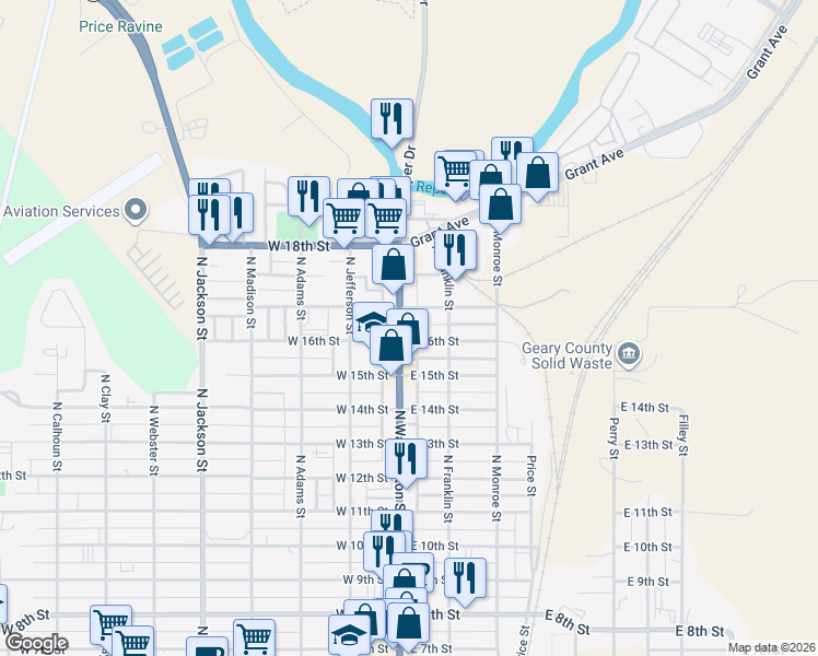 map of restaurants, bars, coffee shops, grocery stores, and more near 1622 North Washington Street in Junction City