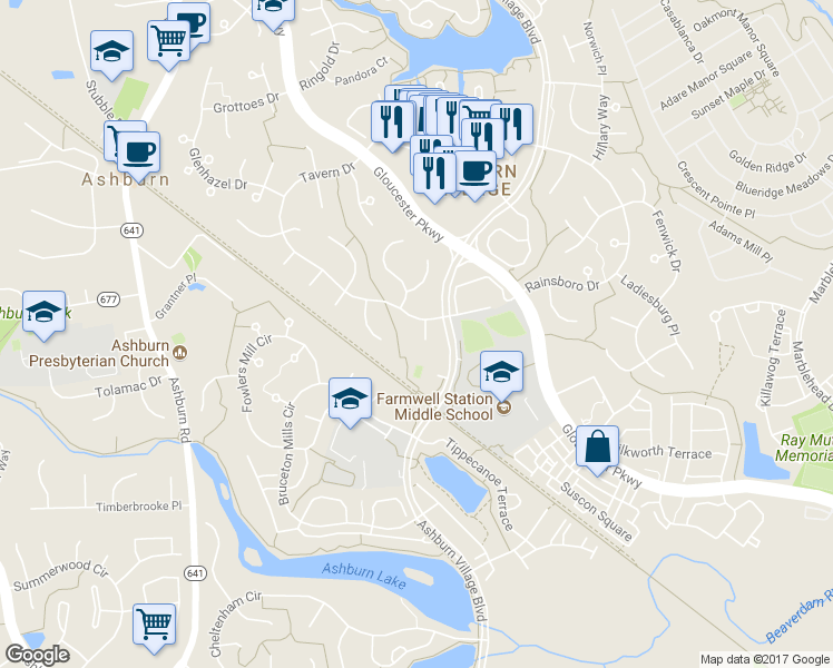 map of restaurants, bars, coffee shops, grocery stores, and more near 20867 Paw Paw Court in Ashburn