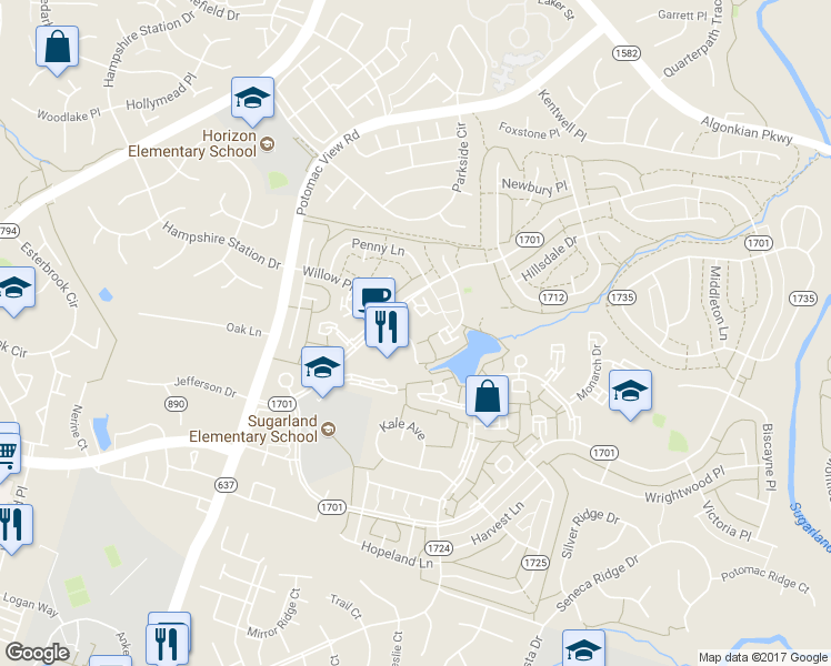map of restaurants, bars, coffee shops, grocery stores, and more near 216 Willow Terrace in Sterling