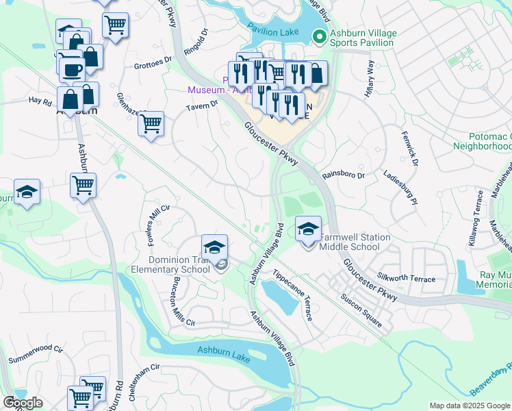 map of restaurants, bars, coffee shops, grocery stores, and more near 20867 Paw Paw Court in Ashburn
