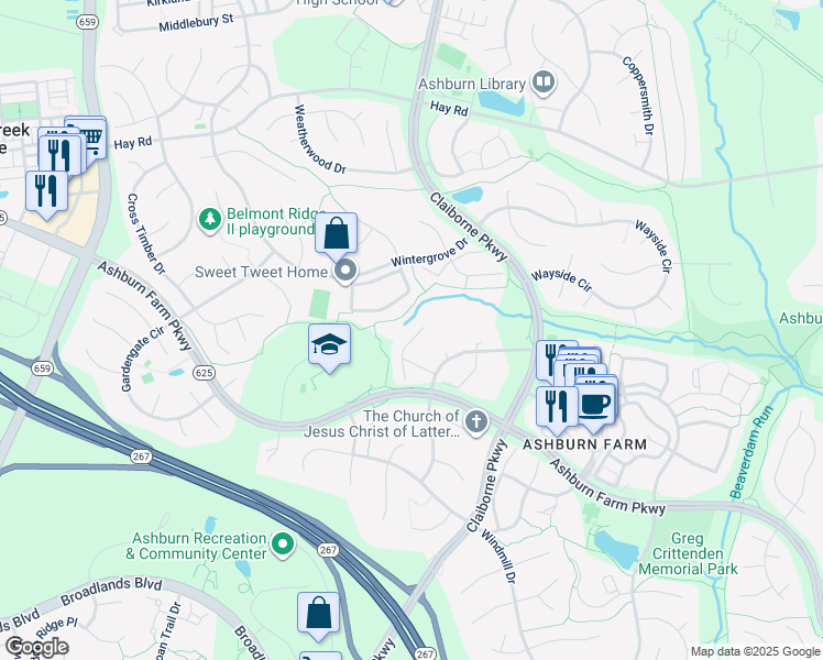 map of restaurants, bars, coffee shops, grocery stores, and more near 20877 Ivymount Terrace in Ashburn