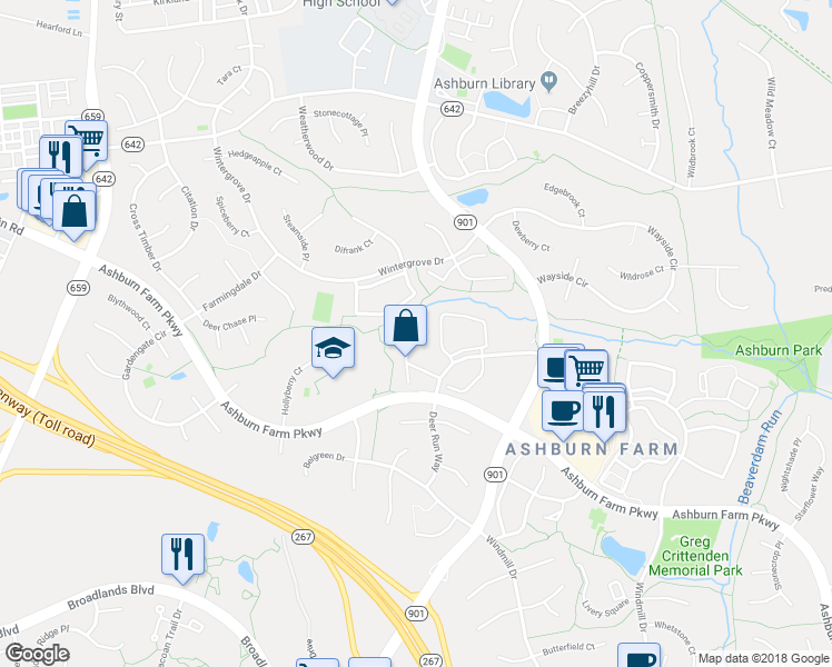 map of restaurants, bars, coffee shops, grocery stores, and more near 20877 Ivymount Terrace in Ashburn