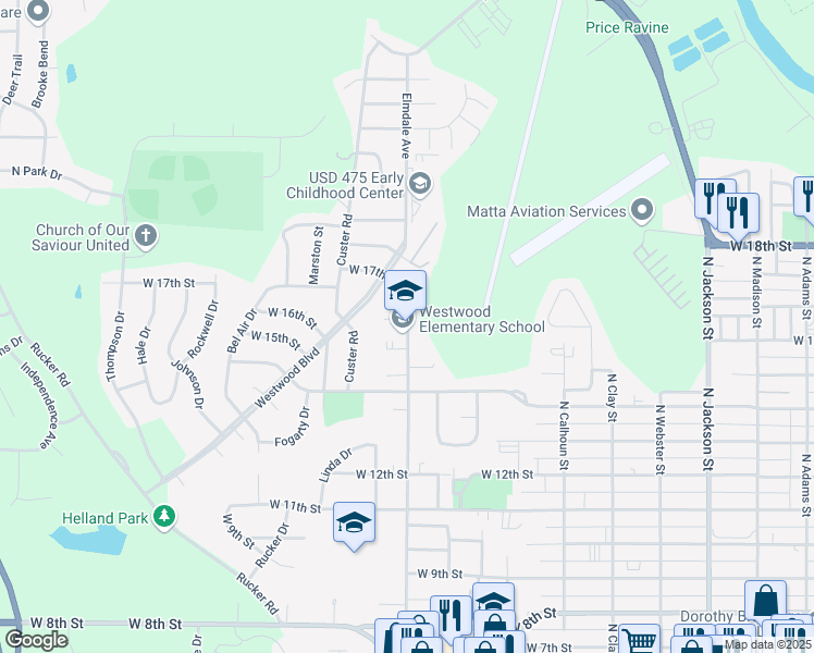map of restaurants, bars, coffee shops, grocery stores, and more near 1600 North Eisenhower Drive in Junction City