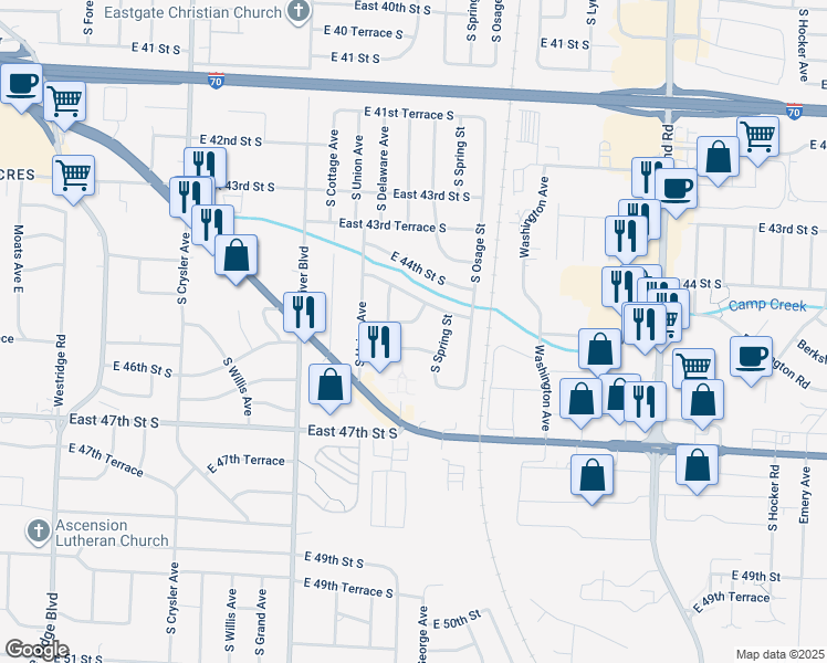 map of restaurants, bars, coffee shops, grocery stores, and more near 13113 East 45th Street South in Independence