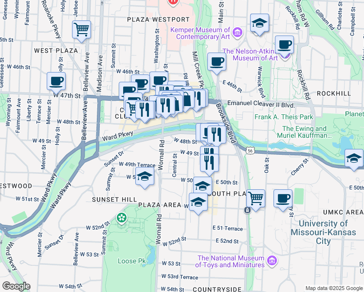 map of restaurants, bars, coffee shops, grocery stores, and more near 221 West 48th Street in Kansas City