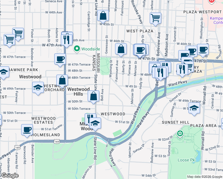 map of restaurants, bars, coffee shops, grocery stores, and more near 4917 Wyoming Street in Kansas City
