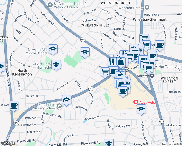 map of restaurants, bars, coffee shops, grocery stores, and more near 11200 Midvale Rd in Kensington