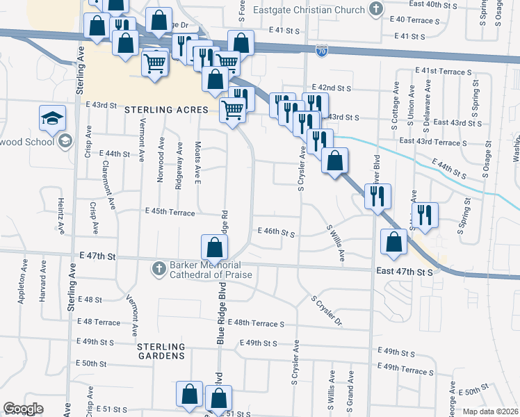 map of restaurants, bars, coffee shops, grocery stores, and more near 4523 Blue Ridge Boulevard in Kansas City